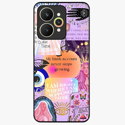 Manifestation Collage Glass Case showing flat back view with motivational collage artwork and glossy glass finish.