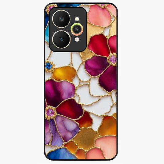 Marble Flower Pattern Glass Case showing flat back view with marble texture floral artwork and glossy glass finish.