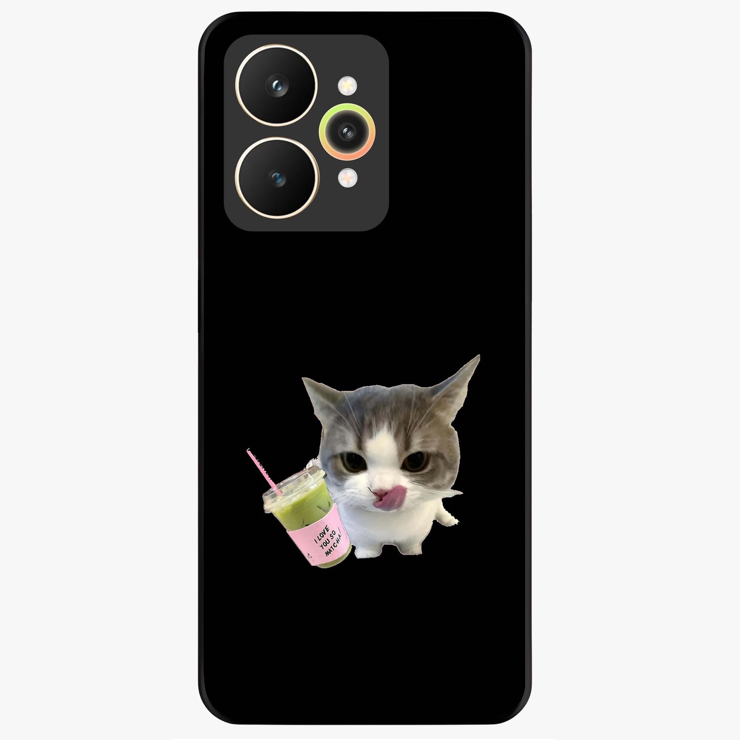 Matcha Cat Style Glass Case showing flat back view with cute matcha themed cat artwork and glossy glass finish.