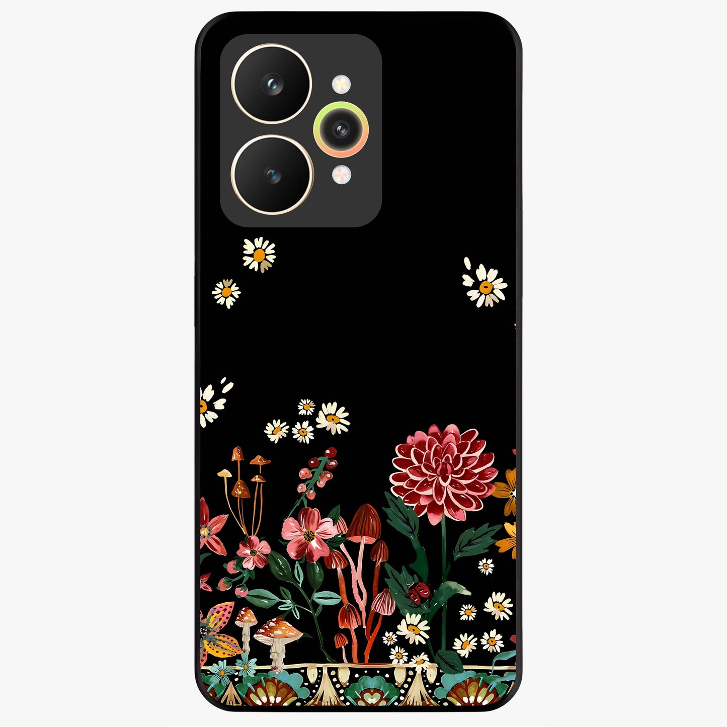 Midnight Bloom Pattern Glass Case showing flat back view with dark floral pattern artwork and glossy glass finish.