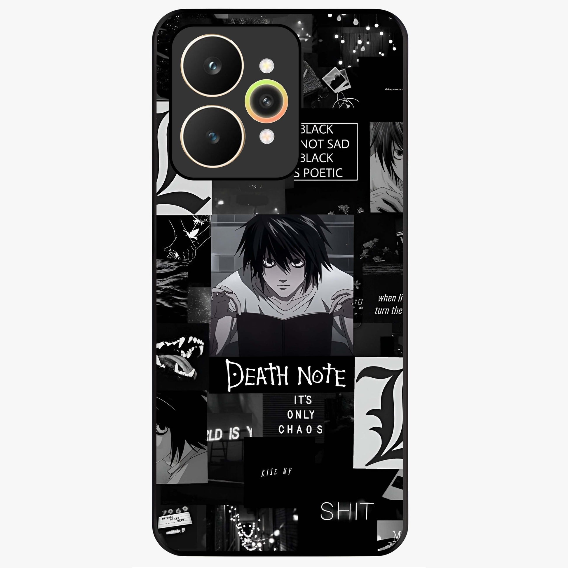 Midnight Chaos Mind Glass Case showing flat back view with abstract dark themed artwork and glossy glass finish.
