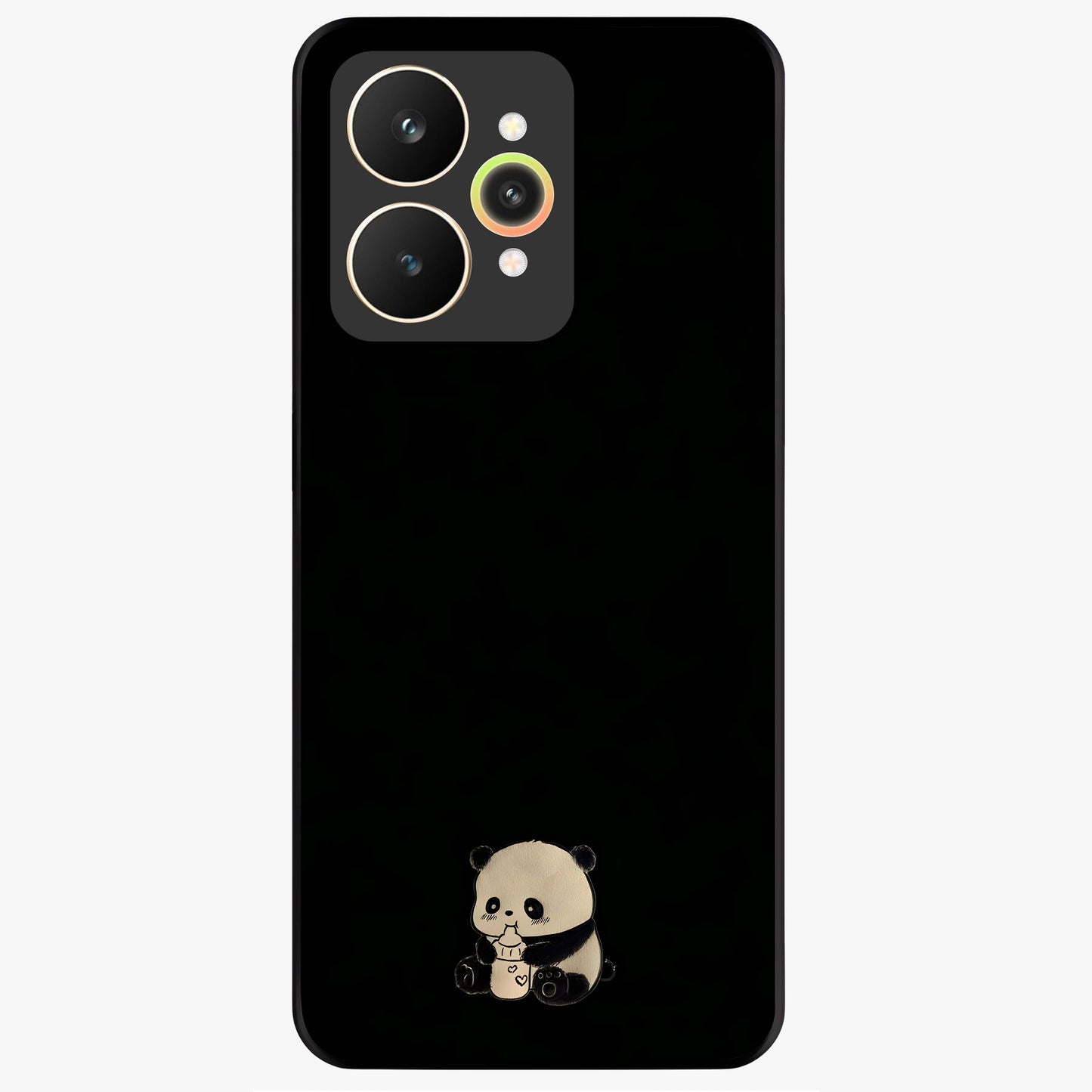 Midnight Panda Love Glass Case showing flat back view with cute panda themed artwork and glossy glass finish.