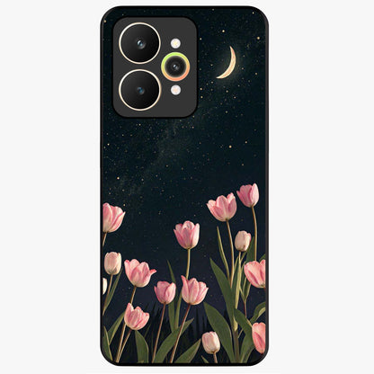 Midnight Tulip Whispers Vibe Glass Case showing flat back view with elegant tulip flower artwork and glossy glass finish.
