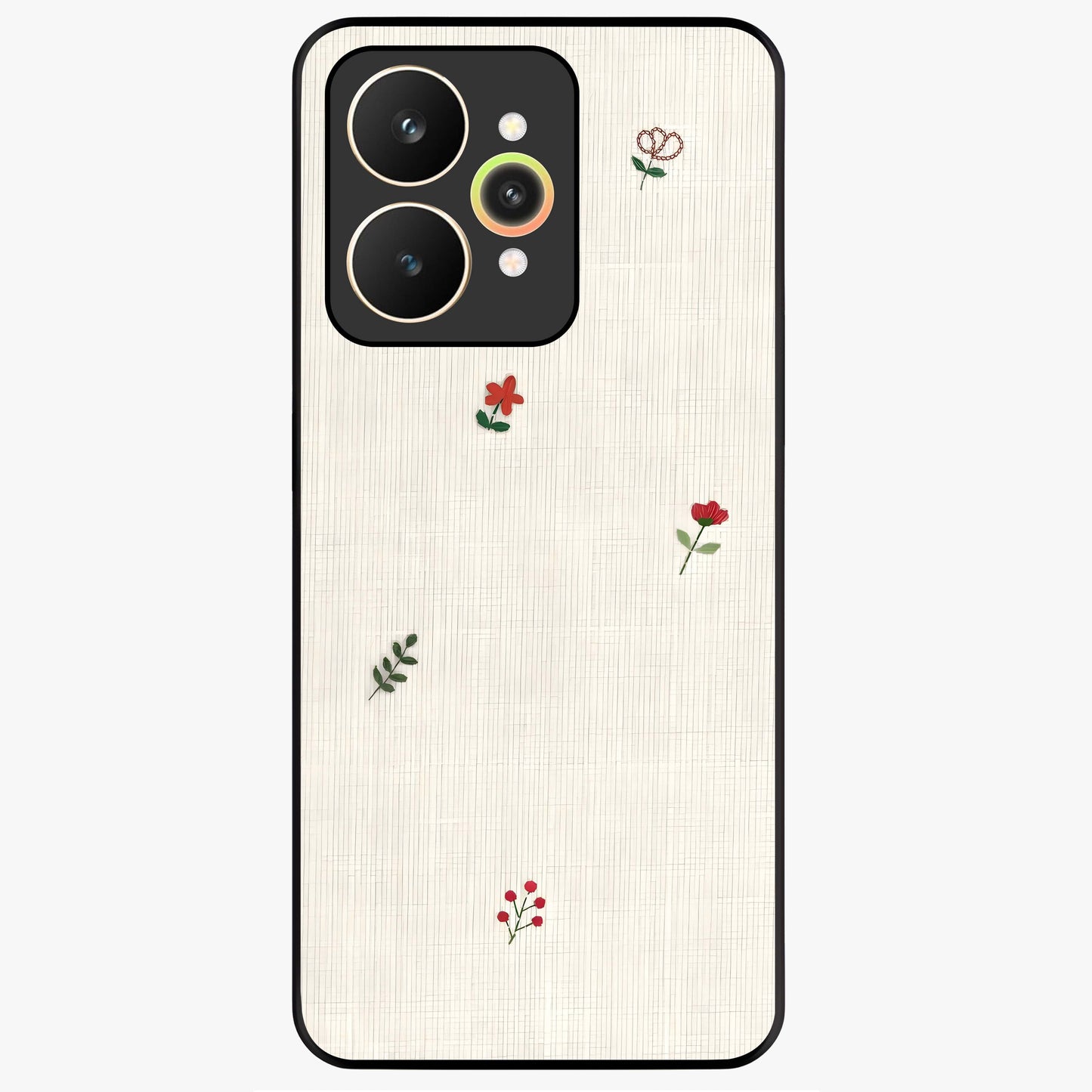 Minimal Petal Whispers Glass Case showing flat back view with soft minimal floral artwork and glossy glass finish.