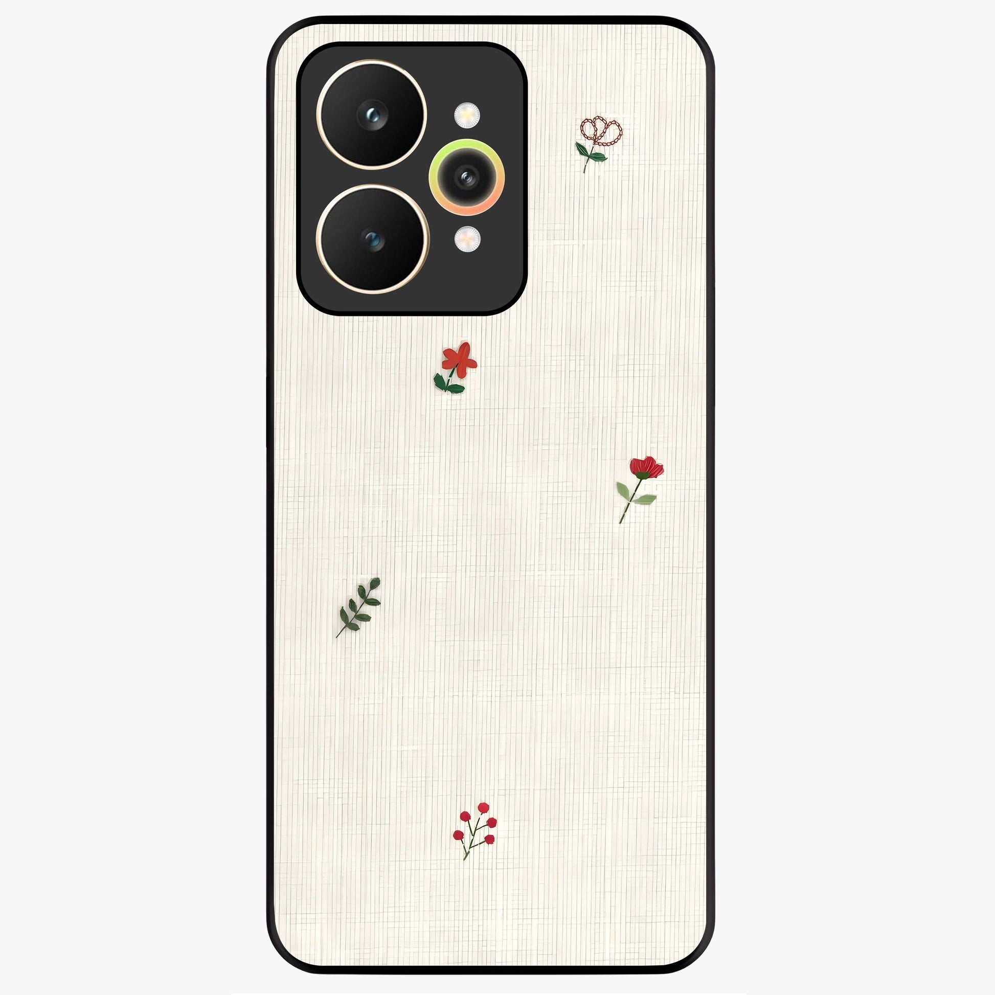 Minimal Petal Whispers Glass Case showing flat back view with soft minimal floral artwork and glossy glass finish.