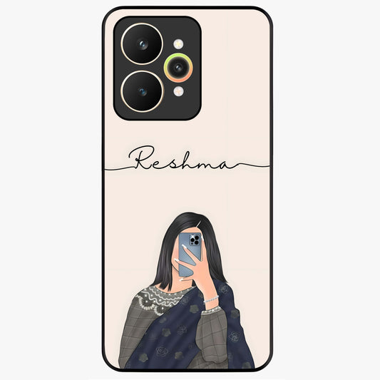 Mirror Mood Muse With Custom Name Glass Case showing flat back view with stylish mirrored artwork and personalized name design.