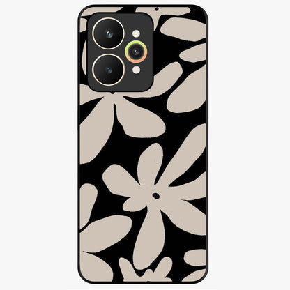 Monochrome Petal Dance Glass Case showing flat back view with monochrome floral artwork and glossy glass finish.