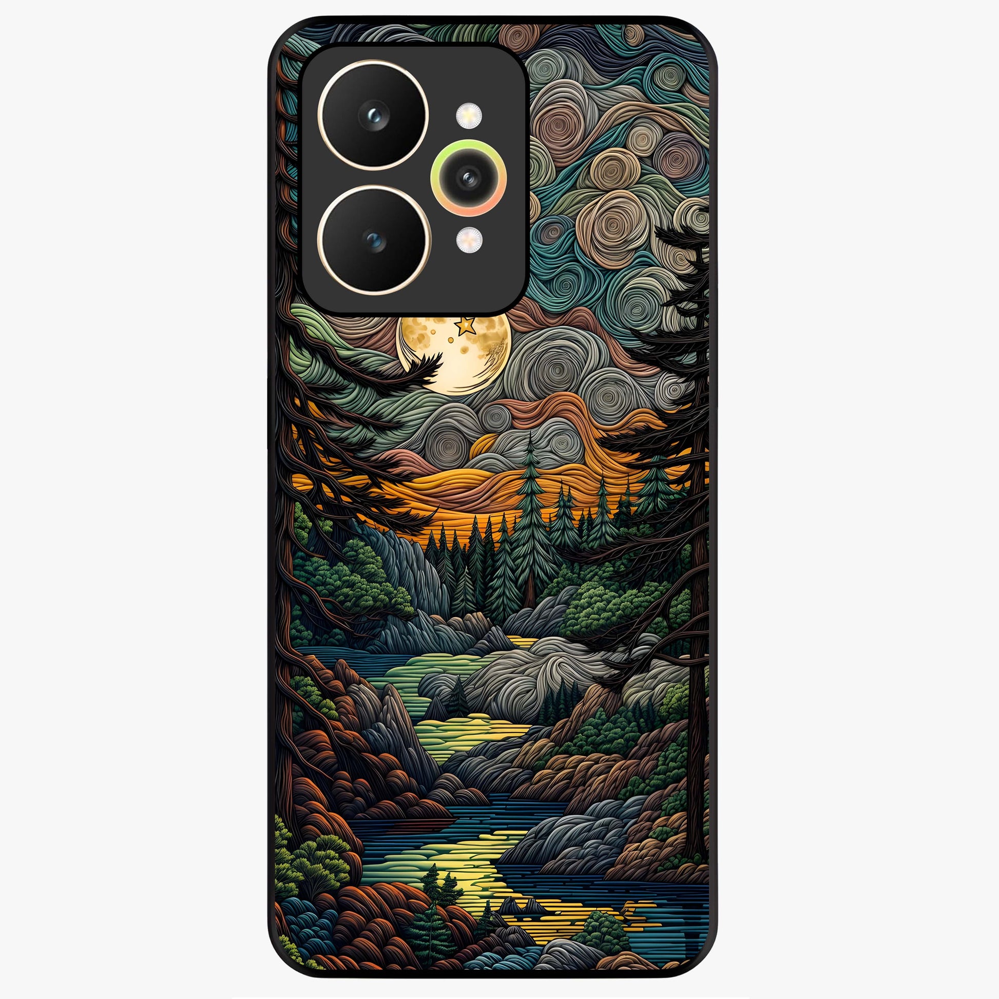 Moonlight Forest Dream Glass Case showing flat back view with mystical forest moonlight artwork and glossy glass finish.