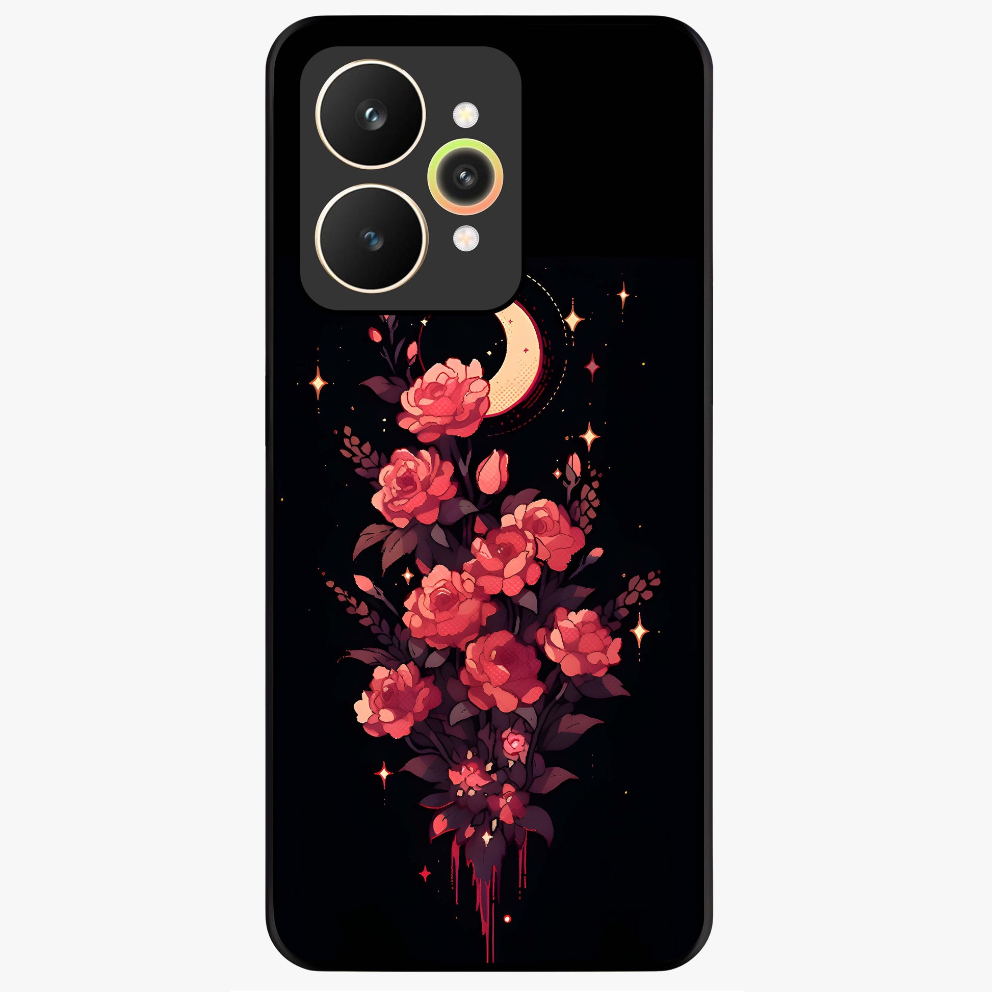 Moonlit Floral Elegance Glass Case showing flat back view with elegant floral artwork under moonlit tones and glossy glass finish.