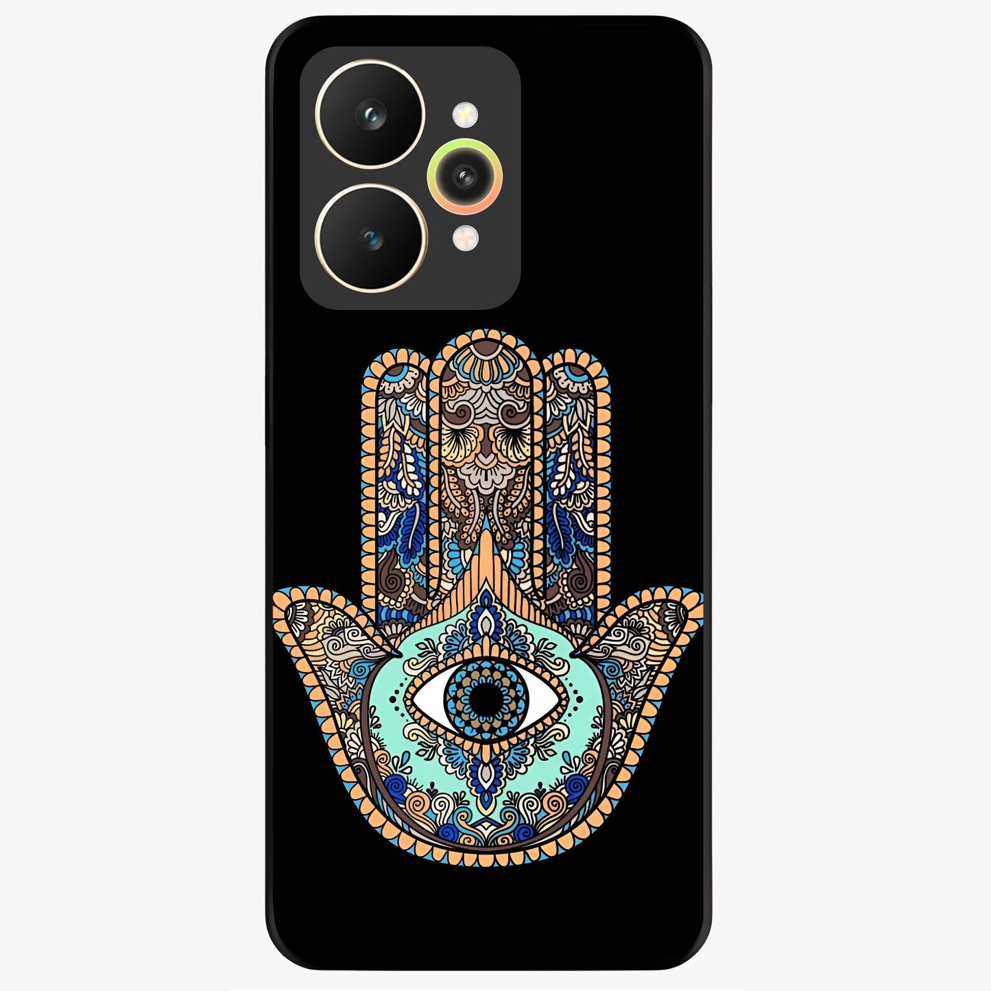 Mystic Hamsa Eye Glass Case showing flat back view with protective hamsa hand and evil eye artwork and glossy glass finish.