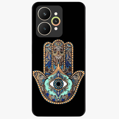 Mystic Hamsa Eye Glass Case showing flat back view with protective hamsa hand and evil eye artwork and glossy glass finish.