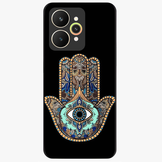 Mystic Hamsa Eye Glass Case showing flat back view with protective hamsa hand and evil eye artwork and glossy glass finish.