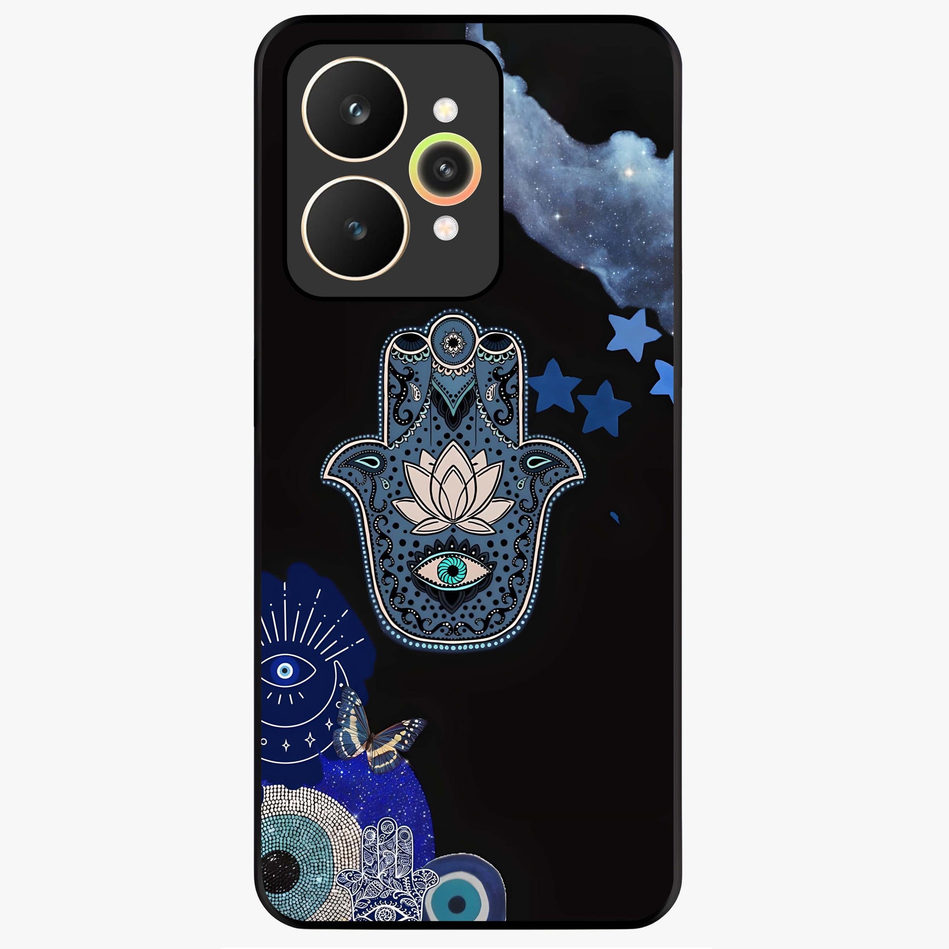 Mystic Hand Aura Glass Case showing flat back view with mystical hand symbol artwork and glossy glass finish.