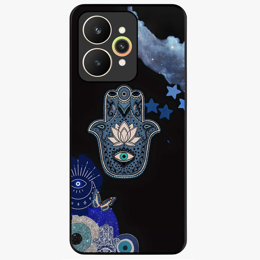 Mystic Hand Aura Glass Case showing flat back view with mystical hand symbol artwork and glossy glass finish.