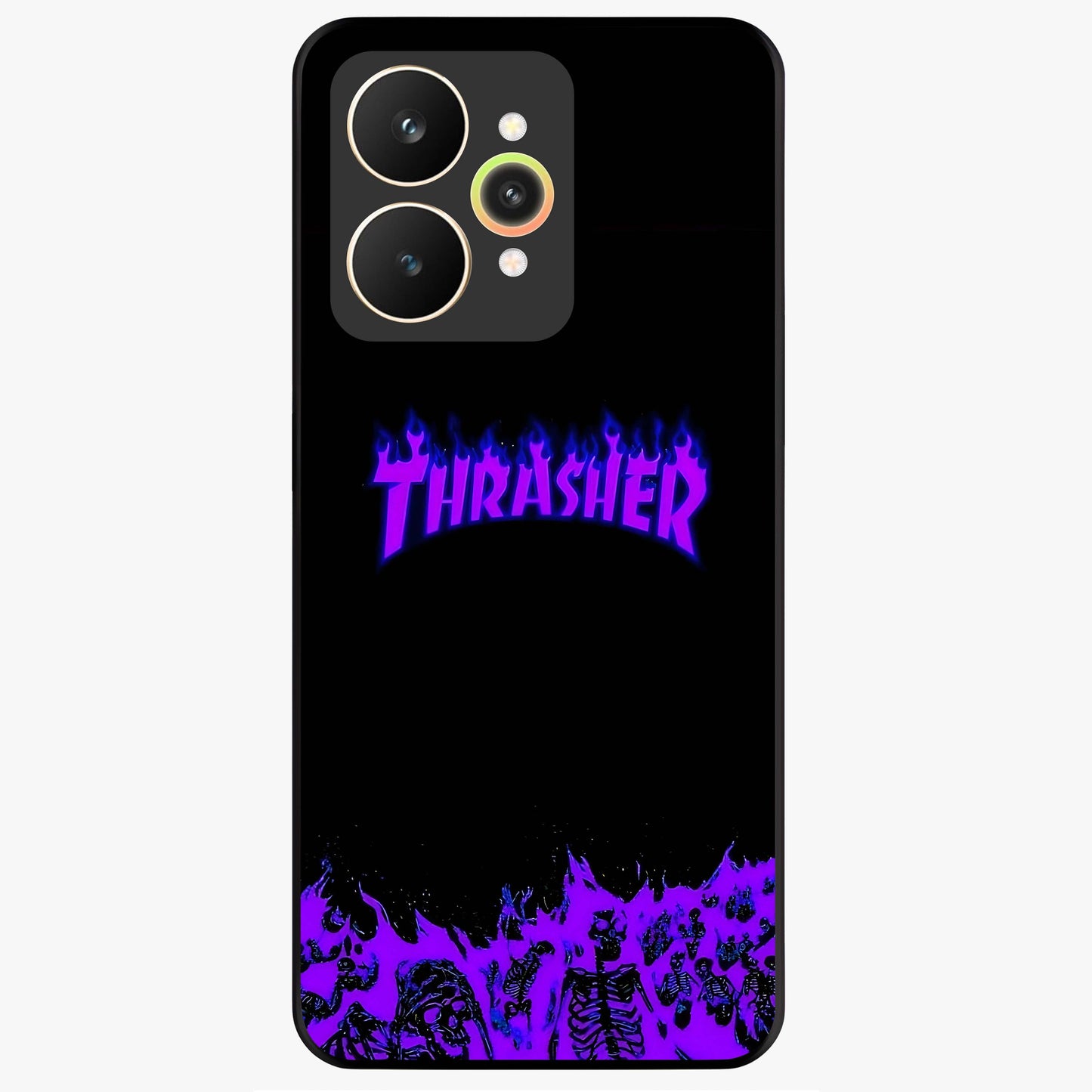 Neon Flame Riot Glass Case showing flat back view with neon flame artwork and glossy glass finish.