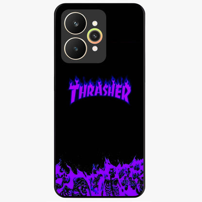 Neon Flame Riot Glass Case showing flat back view with neon flame artwork and glossy glass finish.