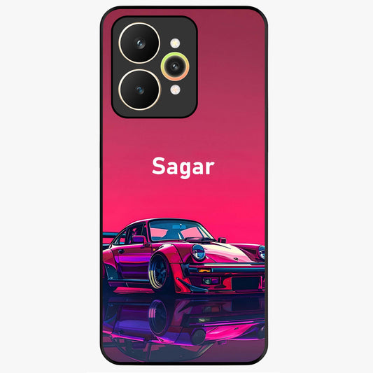 Neon Pink Porsche Glass Case showing flat back view with stylish sports car artwork and glossy glass finish.