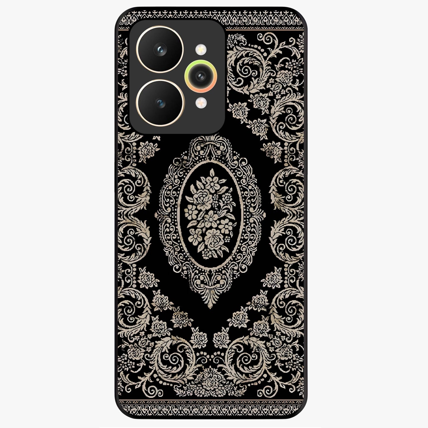 Noir Bloom Elegance Glass Case showing flat back view with elegant dark floral artwork and glossy glass finish.