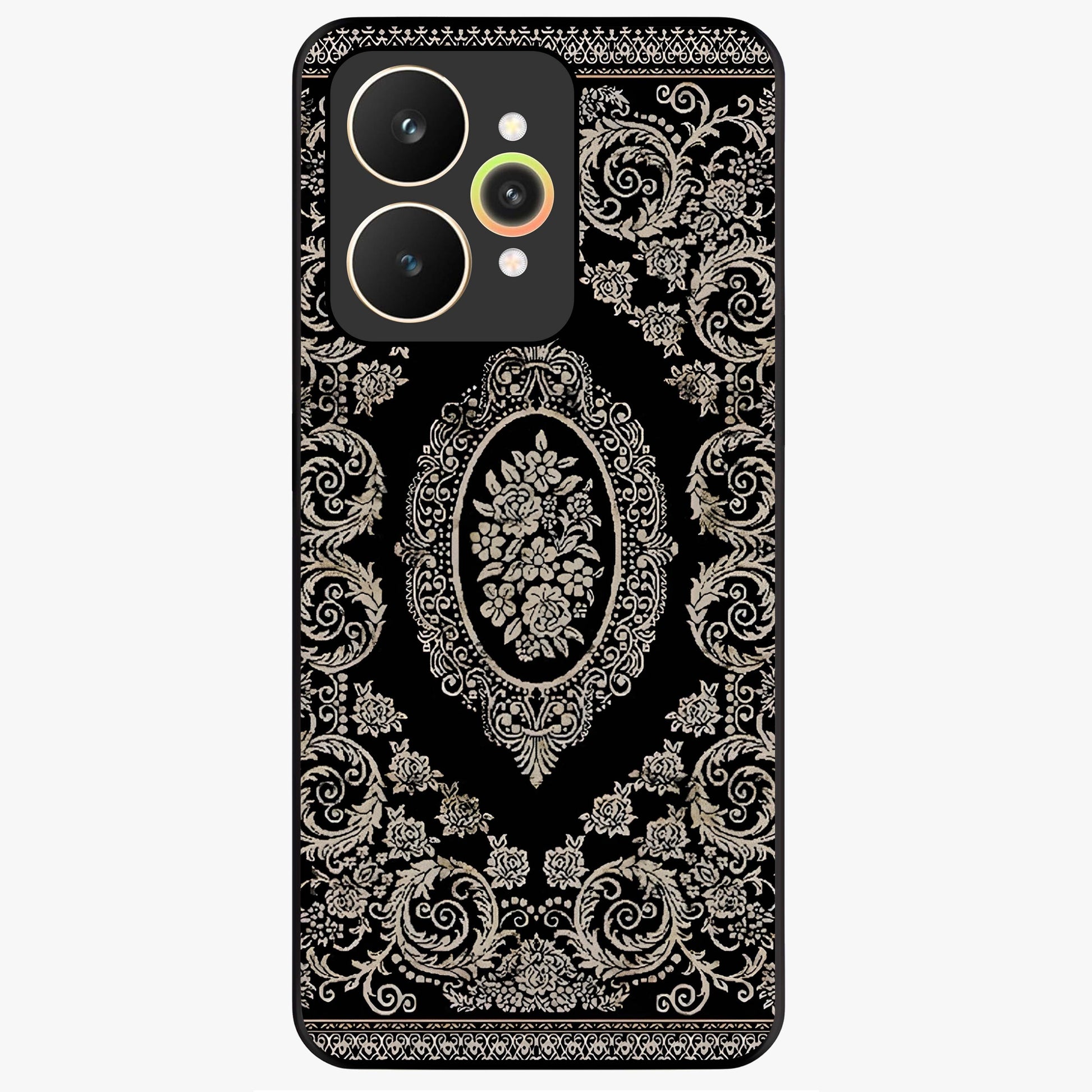 Noir Bloom Elegance Glass Case showing flat back view with elegant dark floral artwork and glossy glass finish.
