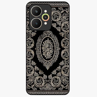 Noir Bloom Elegance Glass Case showing flat back view with elegant dark floral artwork and glossy glass finish.