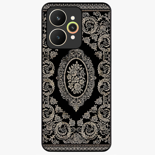 Noir Bloom Elegance Glass Case showing flat back view with elegant dark floral artwork and glossy glass finish.