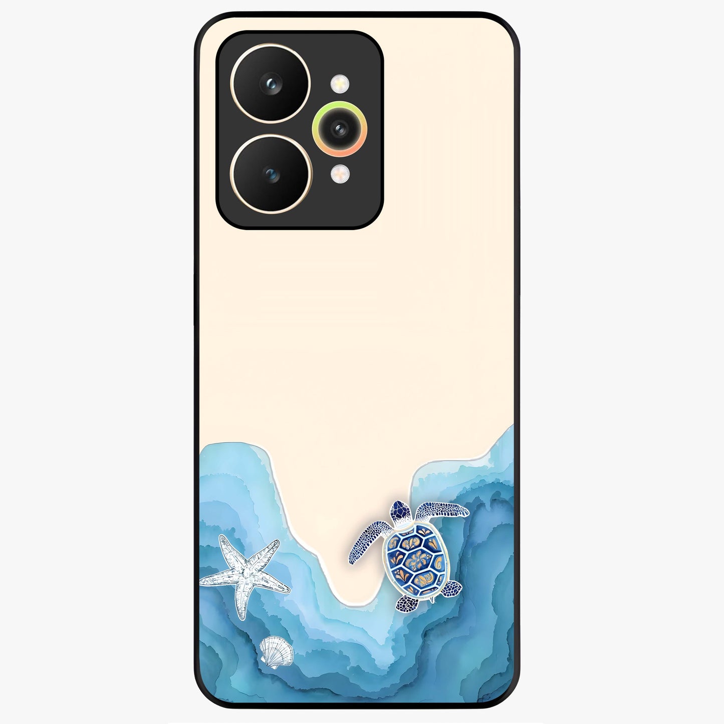 Ocean Drift Turtle Glass Case showing flat back view with sea turtle artwork and glossy glass finish.
