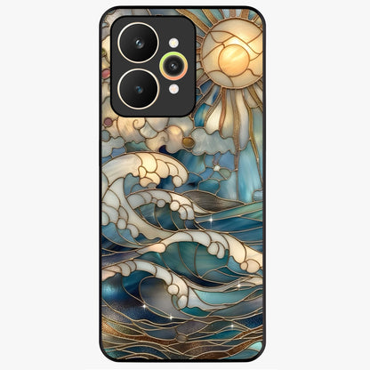 Oceanic Stained Printed Glass Case showing flat back view with ocean inspired stained pattern artwork and glossy glass finish.