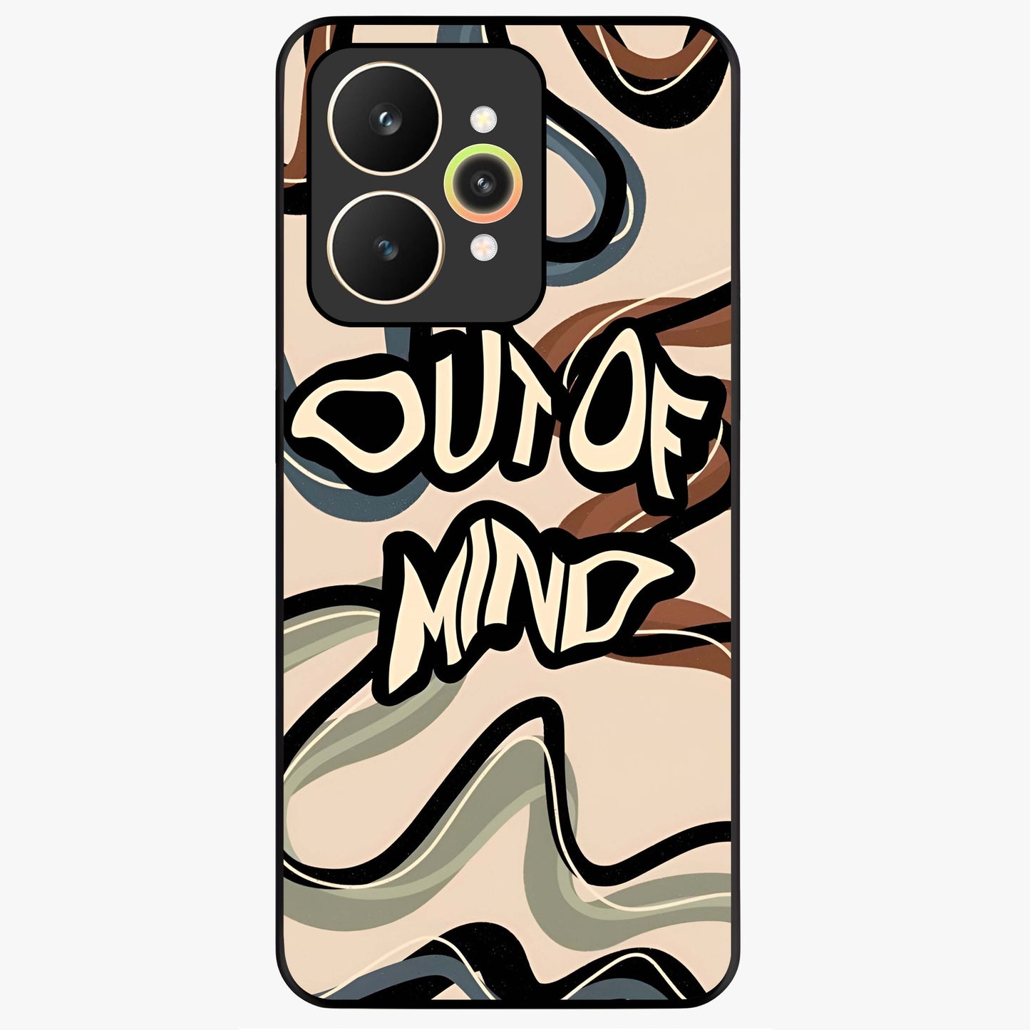 Out Of Mind Glass Case showing flat back view with expressive typography artwork and glossy glass finish.
