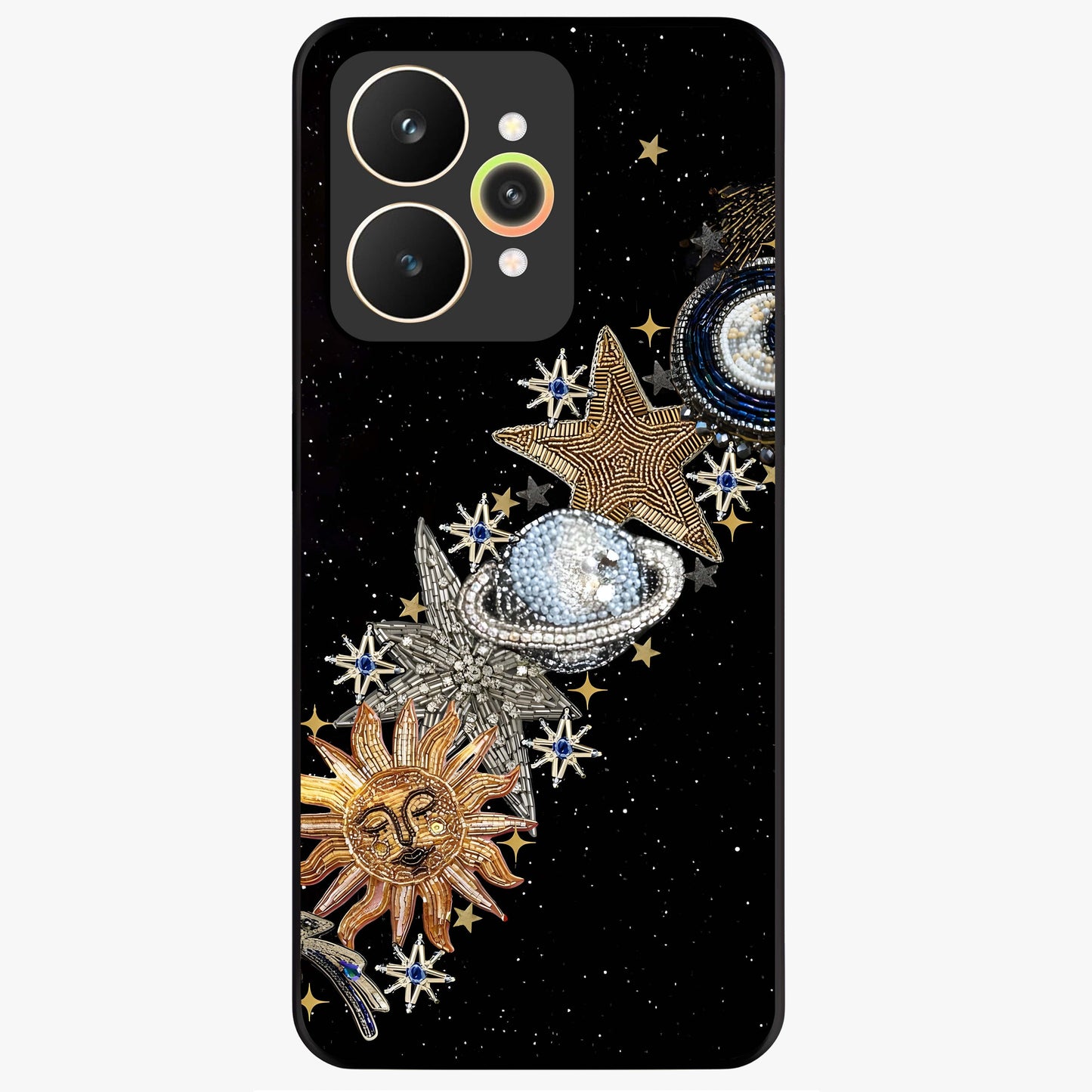 Pearls Universe Object Glass Case showing flat back view with pearl inspired cosmic artwork and glossy glass finish.
