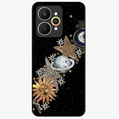 Pearls Universe Object Glass Case showing flat back view with pearl inspired cosmic artwork and glossy glass finish.