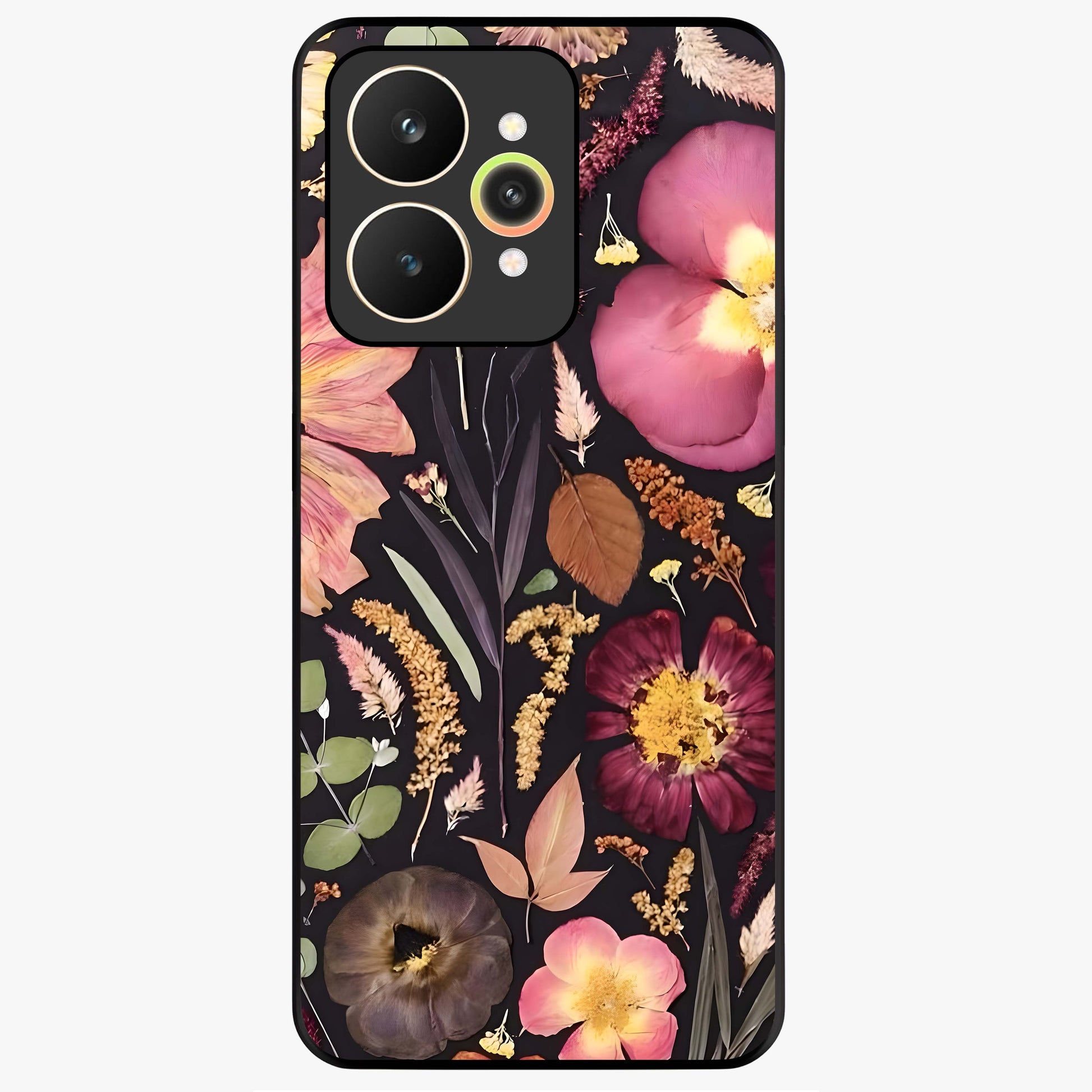 Petal Dream Tapestry Glass Case showing flat back view with intricate floral tapestry artwork and glossy glass finish.