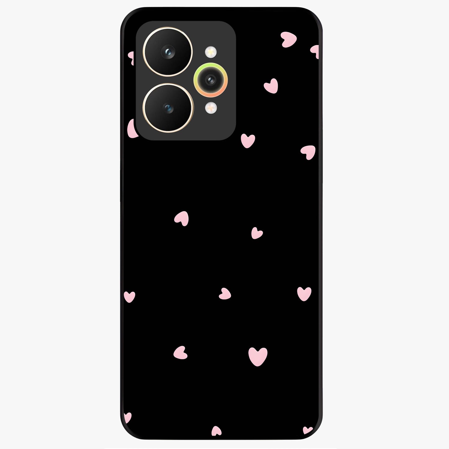 Pink Love Drops Glass Case showing flat back view with playful pink heart drops artwork and glossy glass finish.