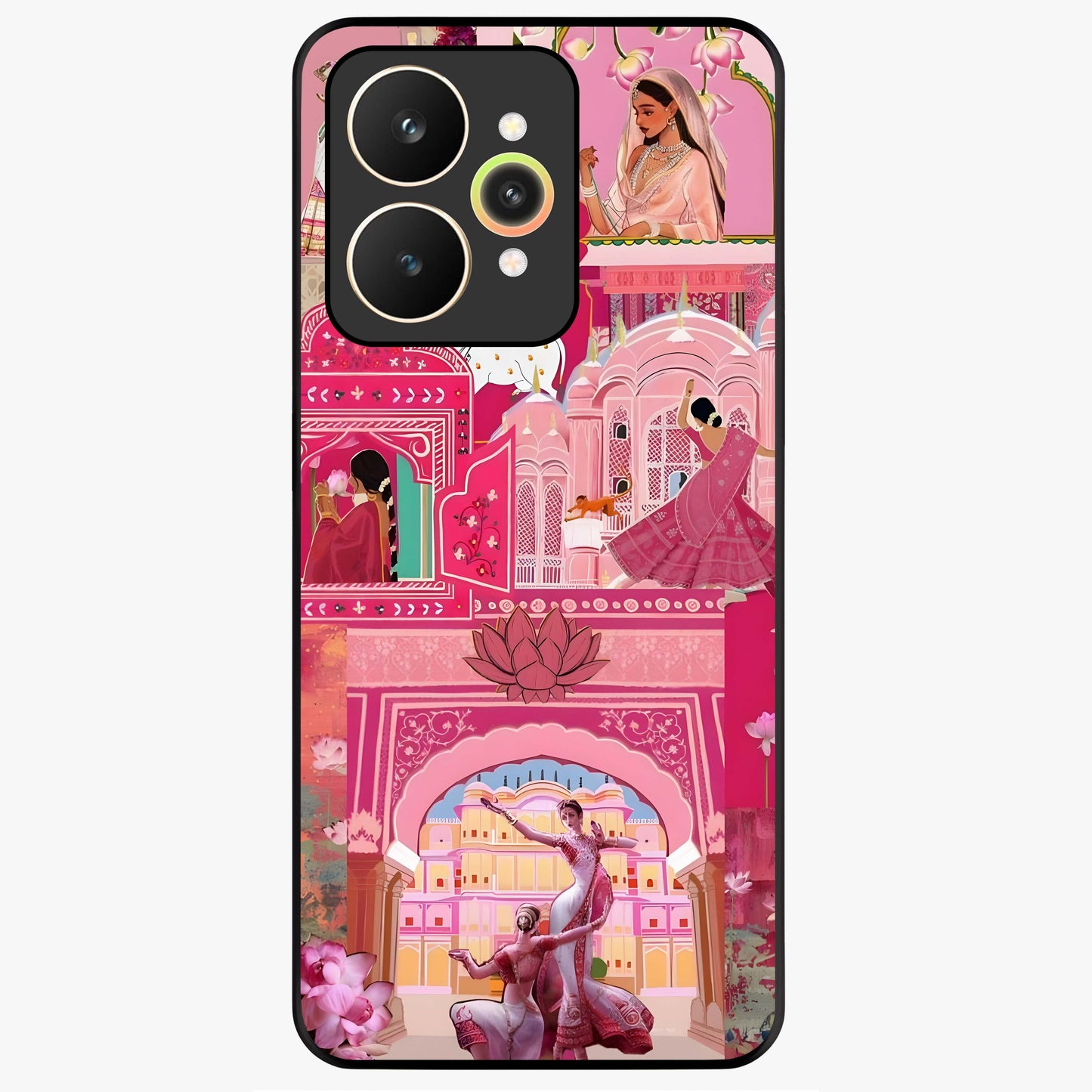 Pink Palace Muse Glass Case showing flat back view with elegant palace inspired artwork and glossy glass finish.