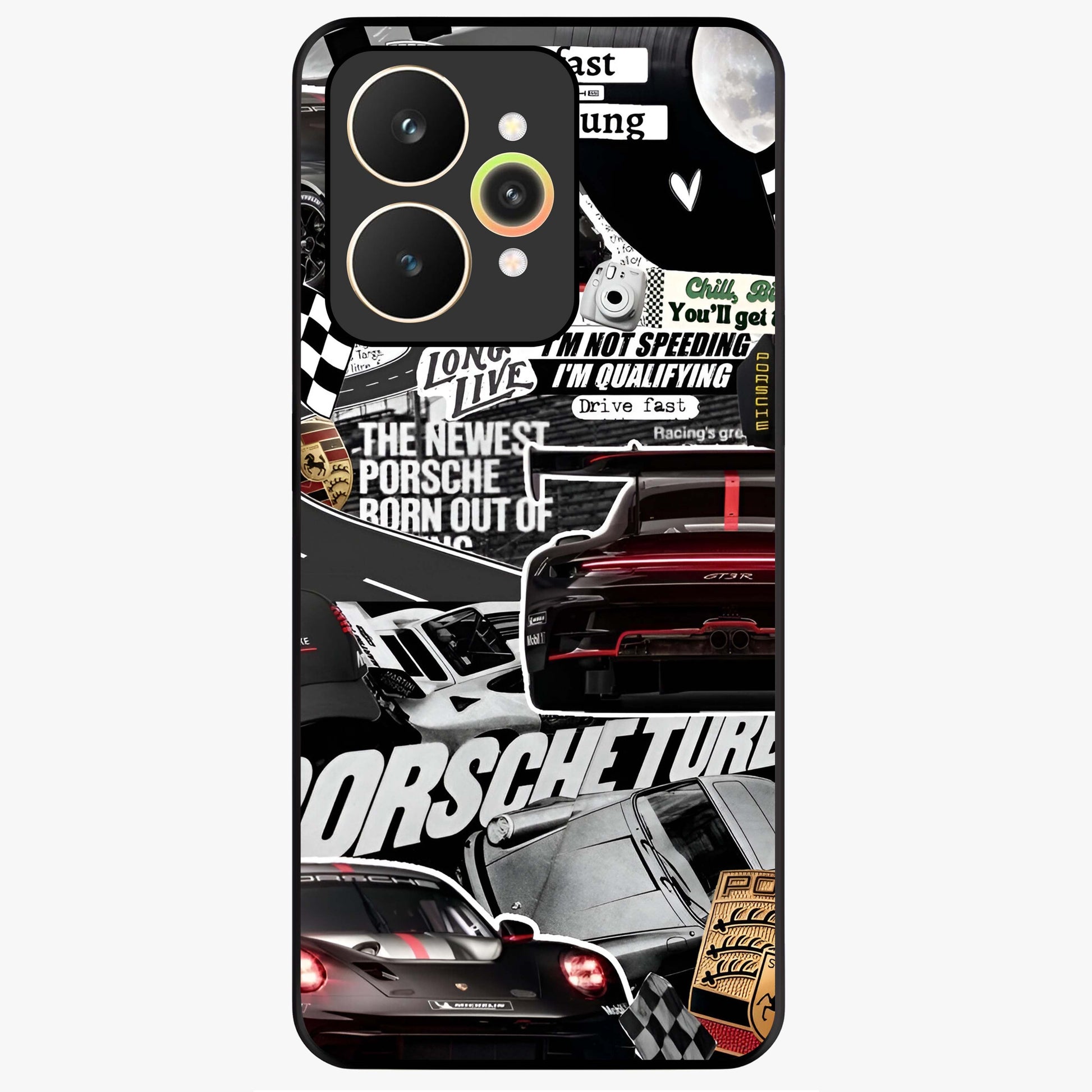 Porsche Racing Collage Glass Case showing flat back view with sports car racing collage artwork and glossy glass finish.