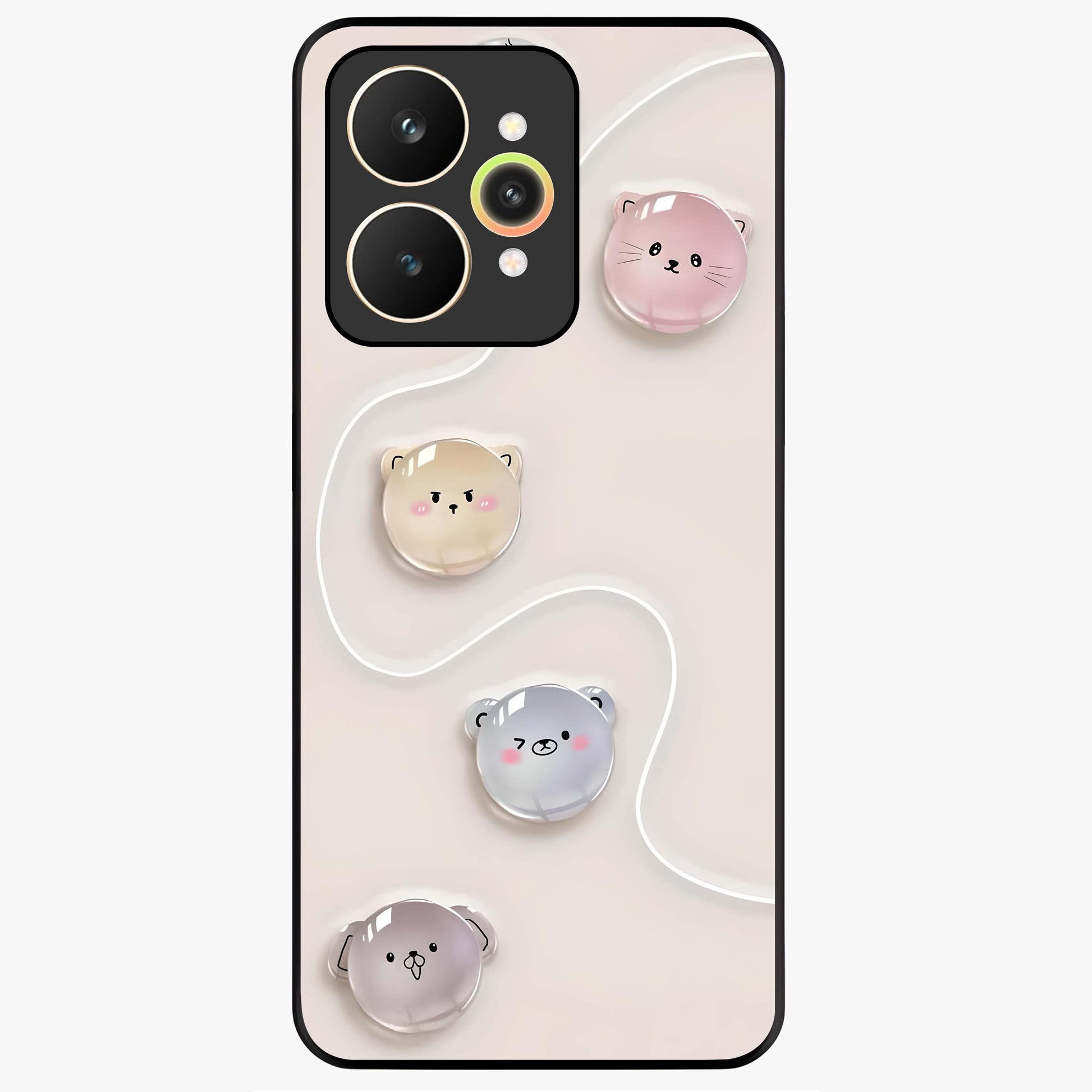 Puffy Face Parade Glass Case showing flat back view with cute puffy character faces artwork and glossy glass finish.
