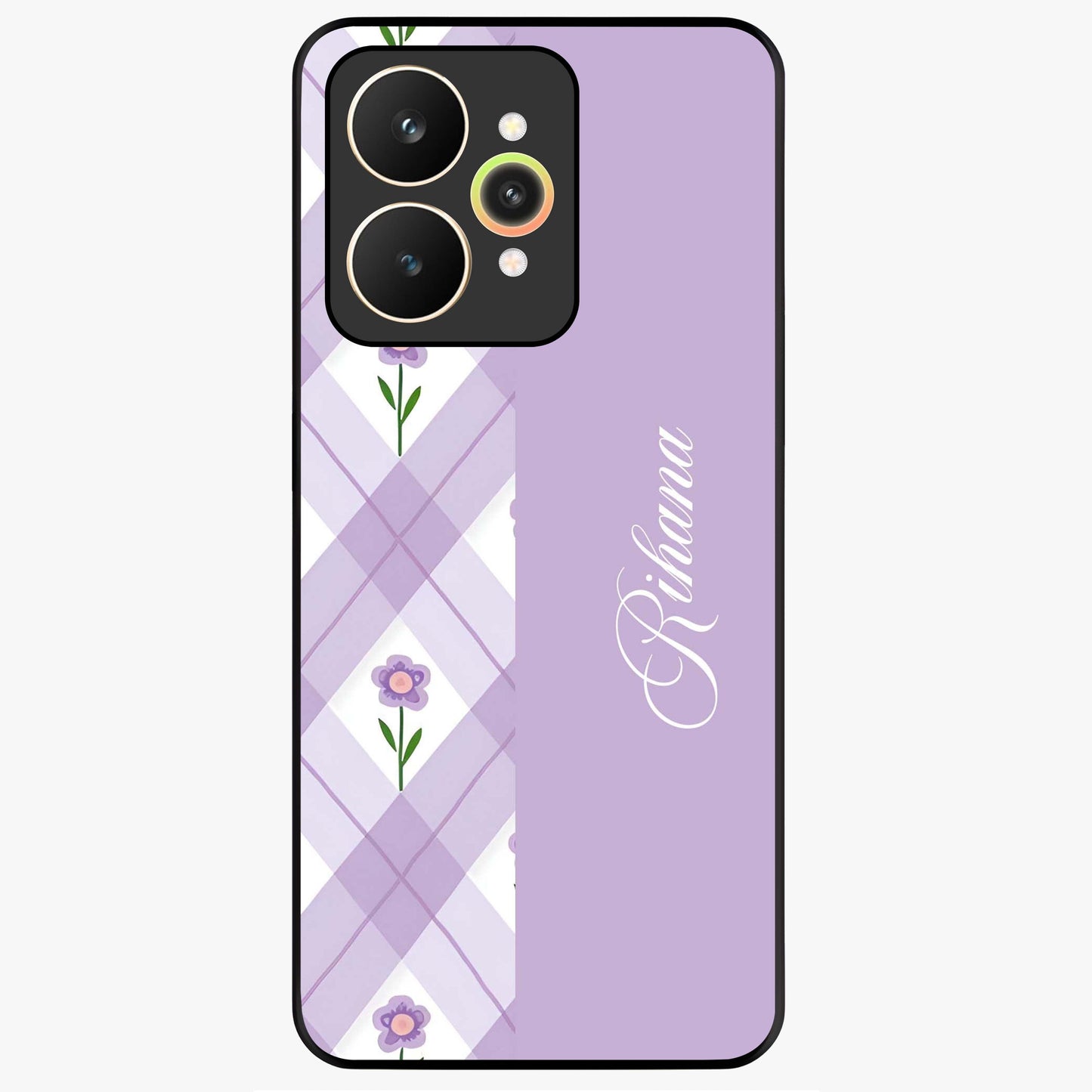 Purple Diamond Floral Glass Case showing flat back view with diamond shaped floral artwork and glossy glass finish.