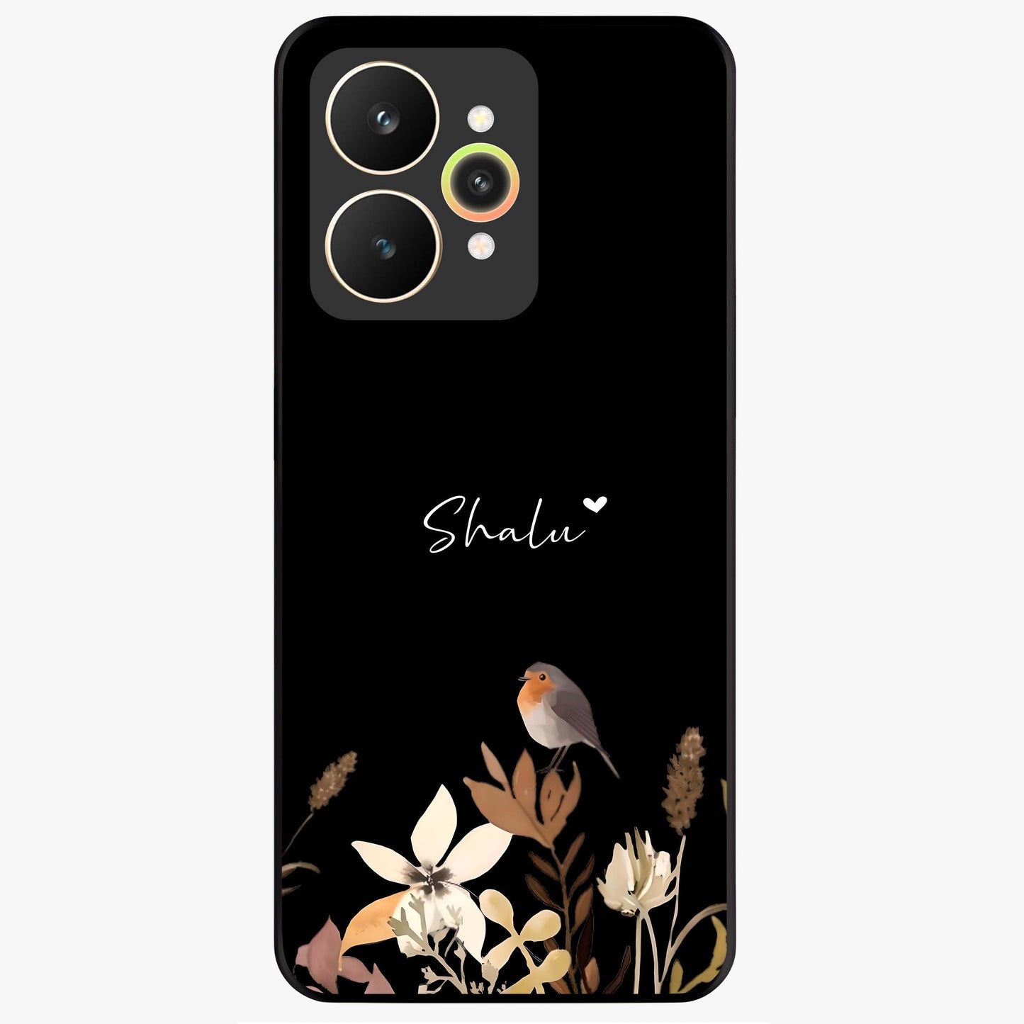 Quiet Garden Tune Custom Name Glass Case showing flat back view with peaceful garden artwork and personalized name design.
