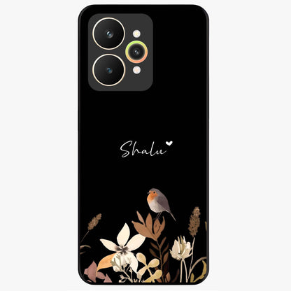 Quiet Garden Tune Custom Name Glass Case showing flat back view with peaceful garden artwork and personalized name design.
