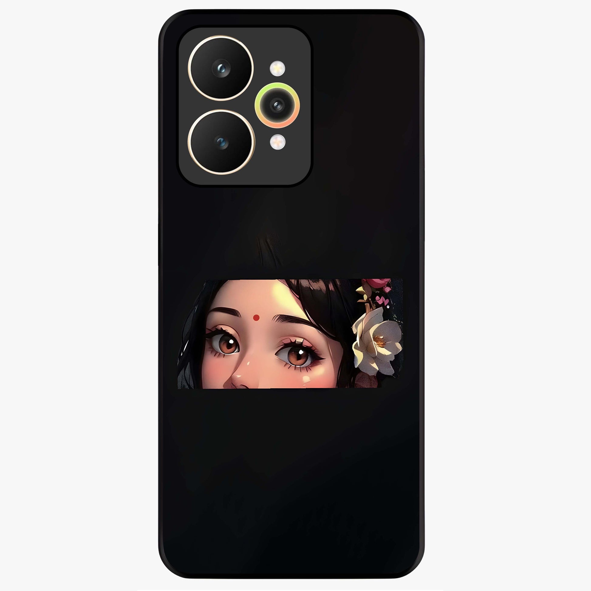 Radha Divine Embrace Glass Case showing flat back view with devotional Radha artwork and glossy glass finish.