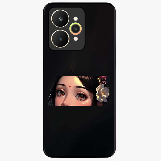 Radha Divine Embrace Glass Case showing flat back view with devotional Radha artwork and glossy glass finish.