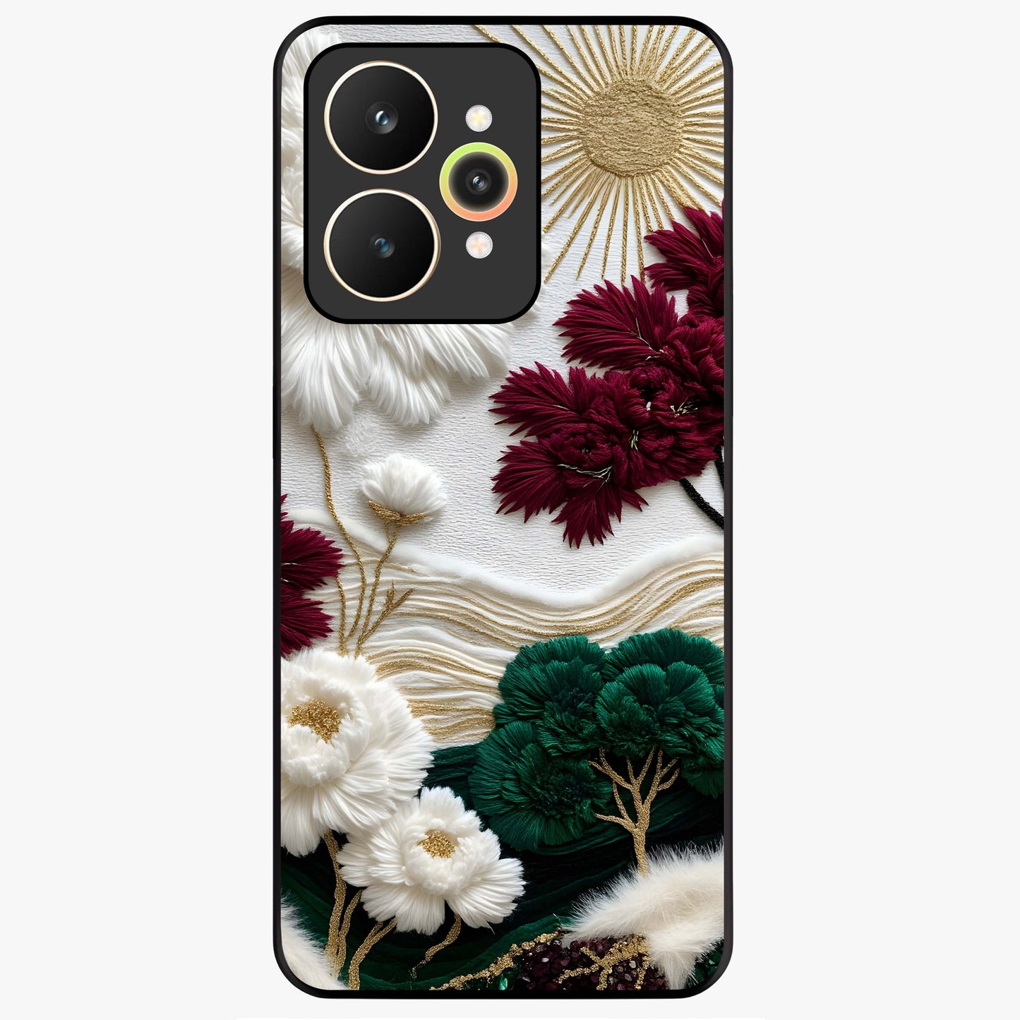 Radiant Bloom Elegance Glass Case showing flat back view with elegant blooming flower artwork and glossy glass finish.