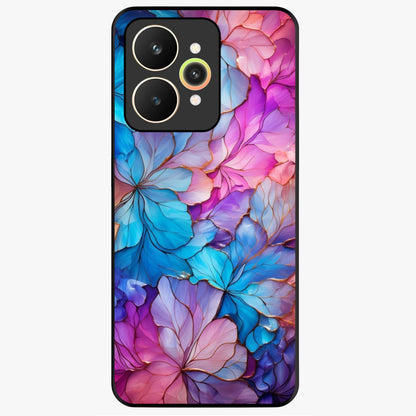 Radiant Floral Whirl Glass Case showing flat back view with swirling floral artwork and glossy glass finish.
