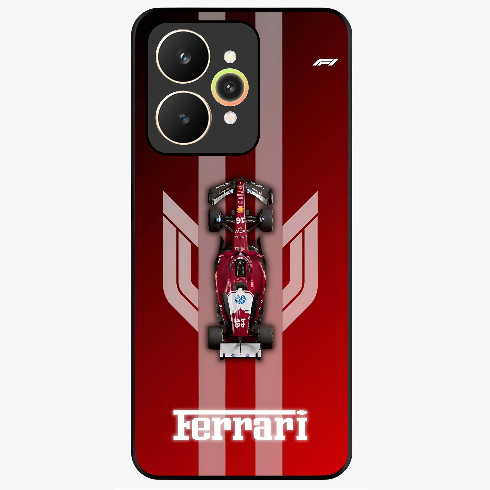 Red Ferrari F1 Vertical Glass Case showing flat back view with sleek Formula racing car artwork and glossy glass finish.