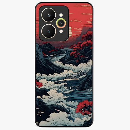 Red Sunset Scenery Glass Case showing flat back view with vibrant sunset landscape artwork and glossy glass finish.