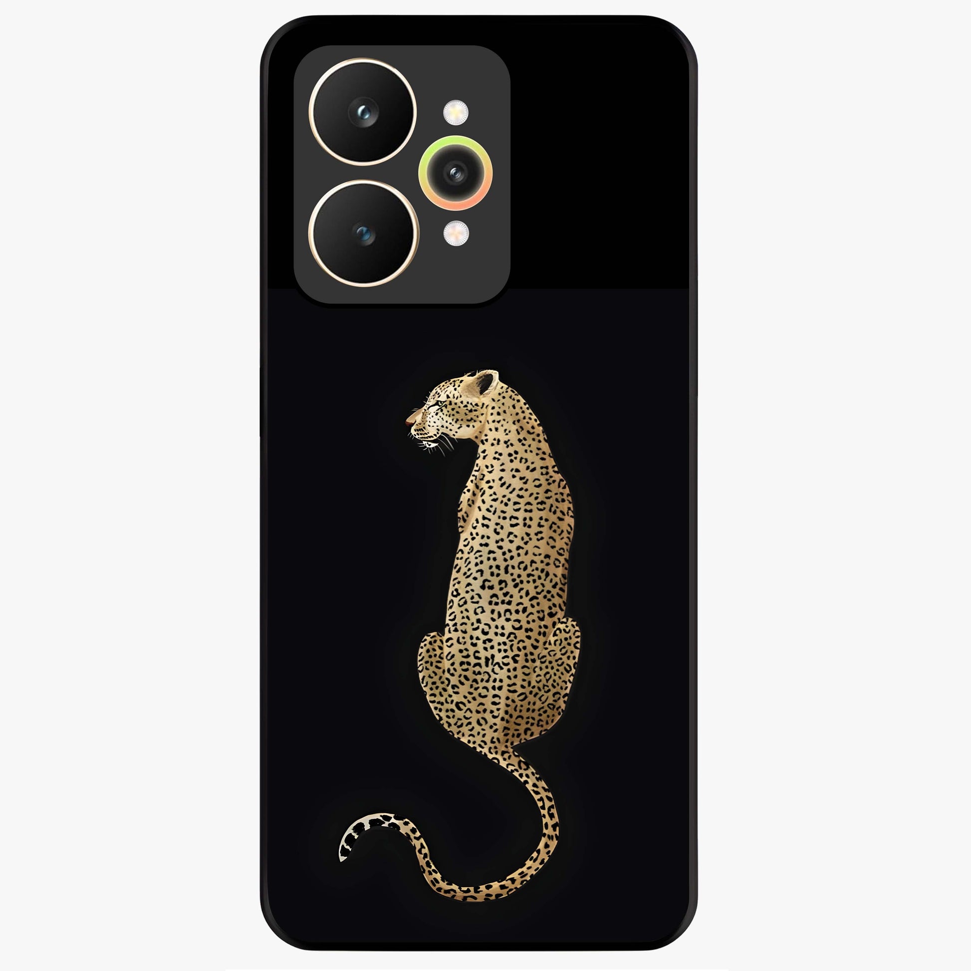 Regal Leopard Glass Case showing flat back view with bold leopard artwork and glossy glass finish.