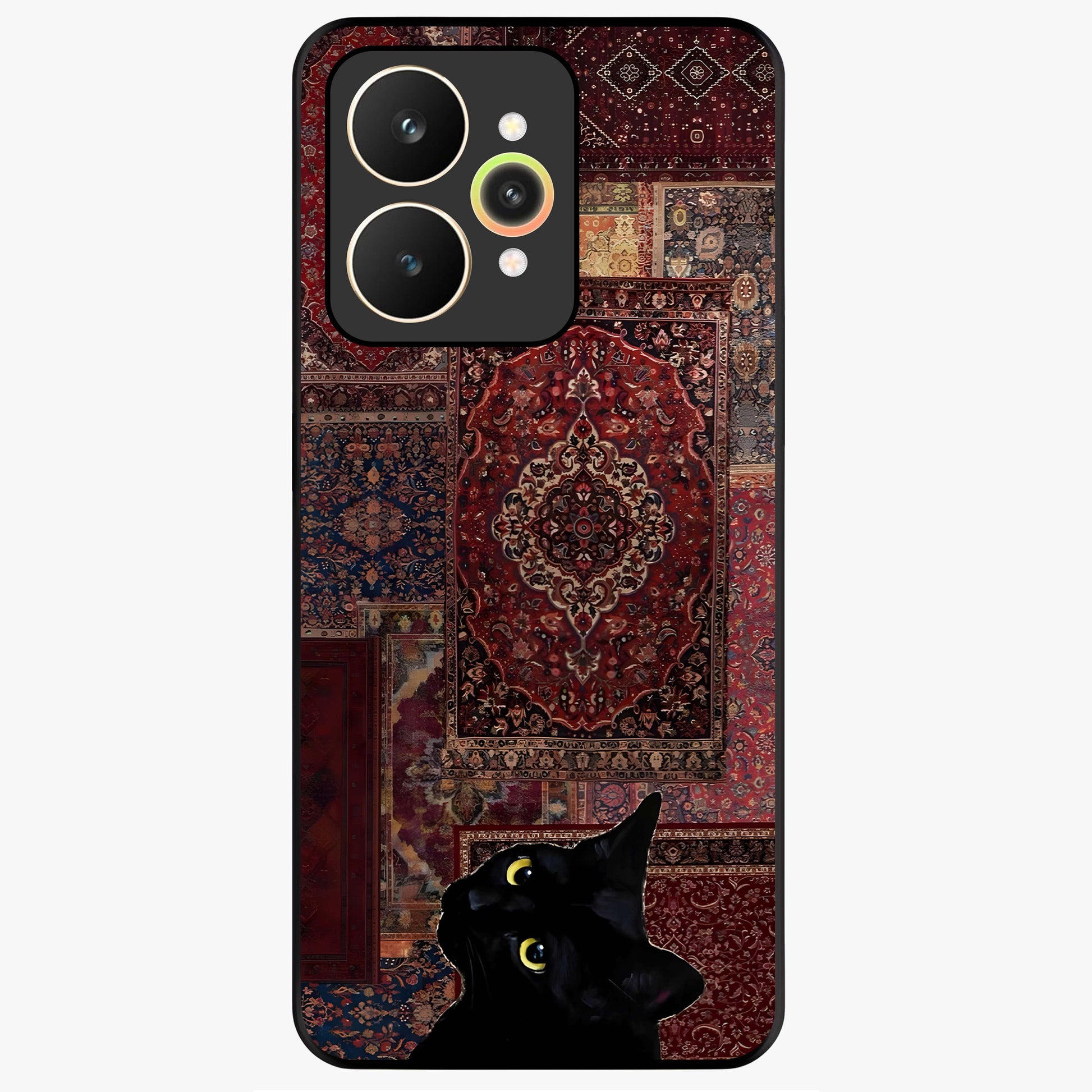 Regal Magic Cat Apple Glass Case showing flat back view with magical cat artwork holding apple and glossy glass finish.
