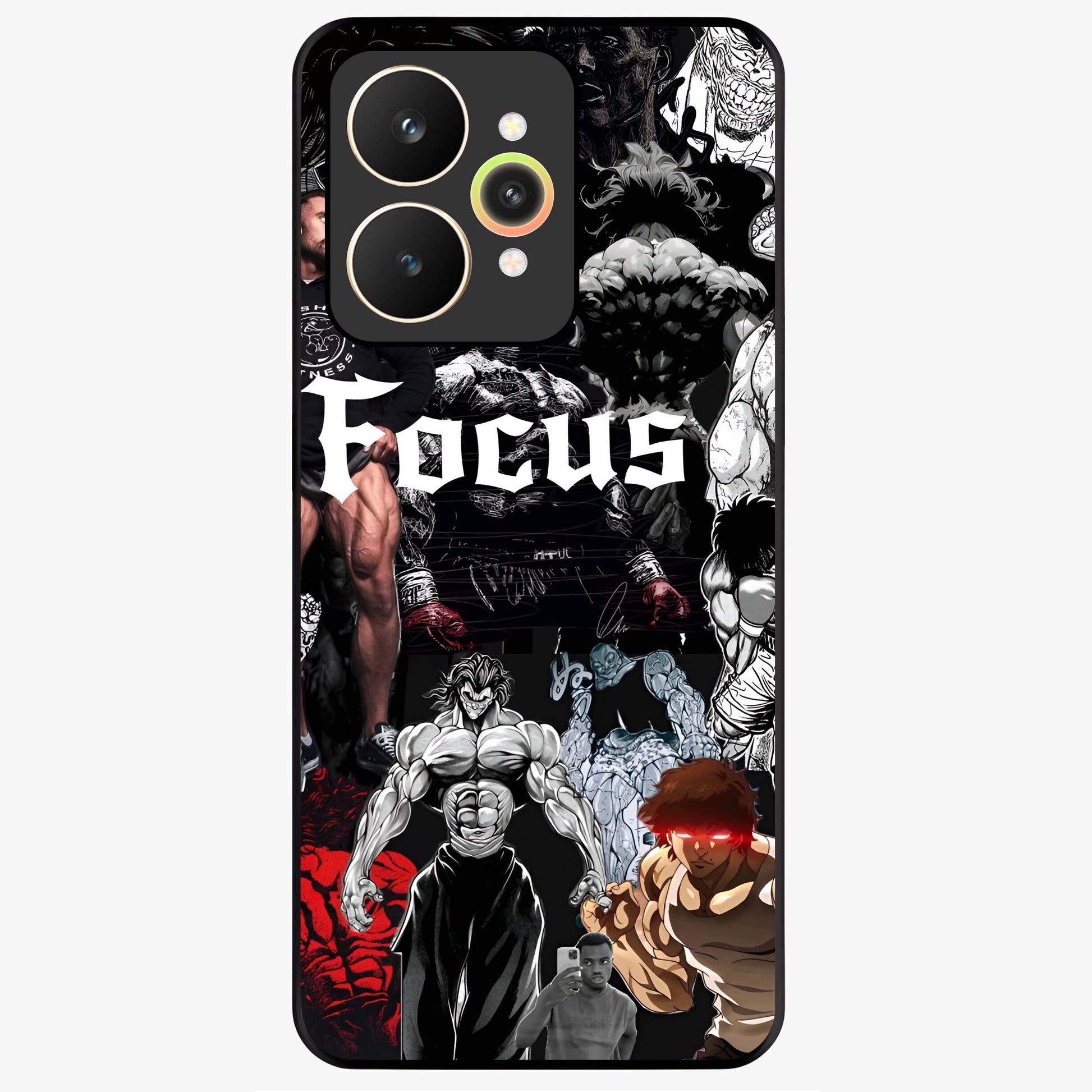 Relentless Power Focus Glass Case showing flat back view with motivational typography artwork and glossy glass finish.