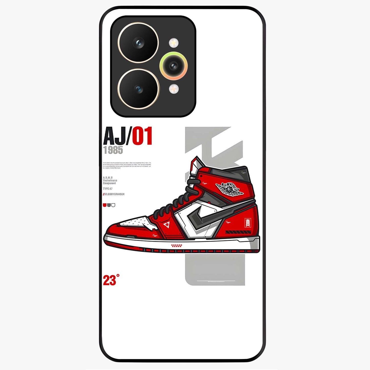 Retro Sneaker Blueprint Glass Case showing flat back view with sneaker blueprint style artwork and glossy glass finish.