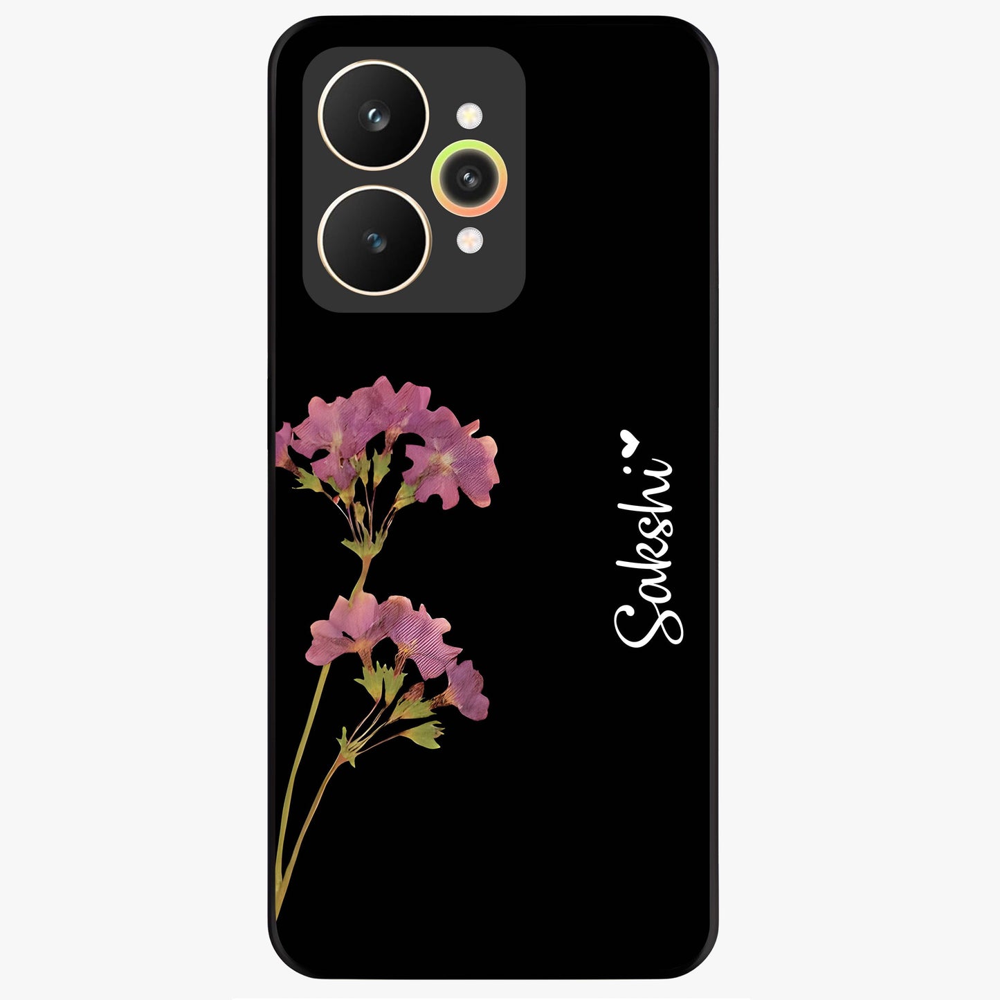 Riching Lavender Flower Custom Name Glass Case showing flat back view with lavender floral artwork and personalized name design.