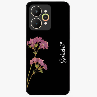 Riching Lavender Flower Custom Name Glass Case showing flat back view with lavender floral artwork and personalized name design.